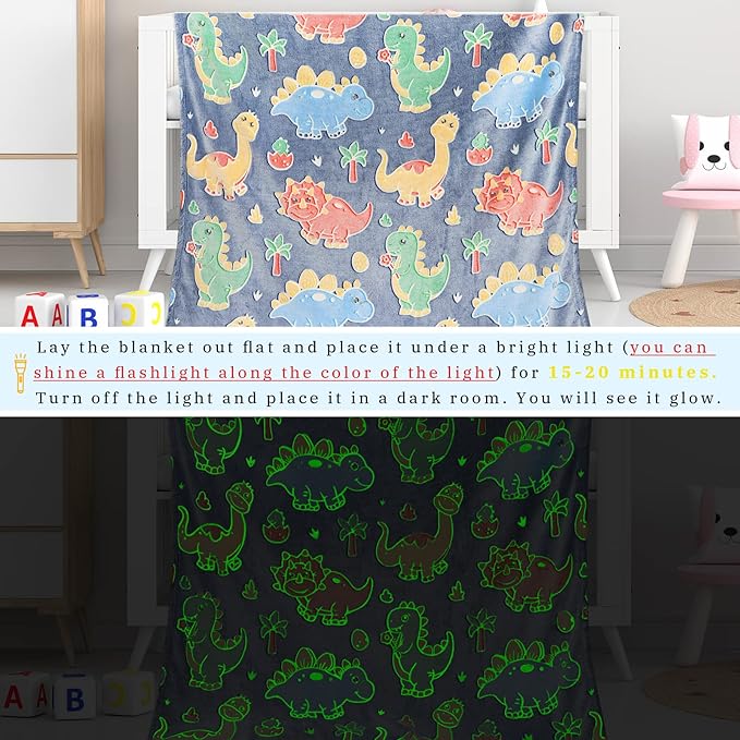 Dinosaur Gifts Toys for Boys Girls - Glow in The Dark Dino Blanket Birthday Presents for Kids Toddlers Adults - Dinosaur Fleece Throw Blankets for Bedroom Decor 50"x60"