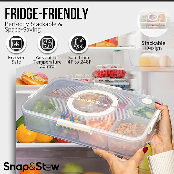 Snap and Stow Dishwasher Safe, Snackle Box, Stackable 14 Divided Snack Box Bowls, Charcuterie Tray with Lid, Veggie Containers with Lids, Reusable BPA Free Plastic (Set of 2, Transparent)