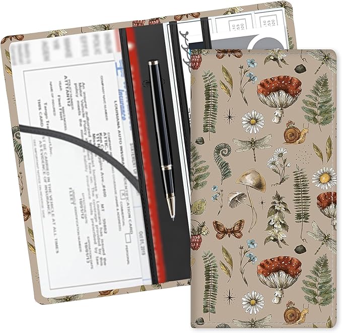Leather Car Registration and Insurance Card Holder, Cute Car Accessories Vehicle Glove Box Car Organizer for Documents, Cards, License Cute Boho Mushroom
