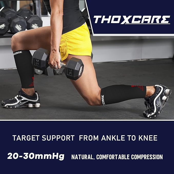 Thoxcare Calf Compression Sleeve for Men Women (2 Pairs), Leg Support Footless Compression Socks for Running - Shin Splint Varicose Veins Swelling & Pain Relief, Black/Red, Small