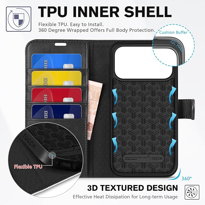 TUCCH Wallet Case for iPhone 17 Pro Max (6.9") 2025, 4 Card Holders, RFID Blocking, Stand, Shockproof TPU Shell, PU Leather, Magnetic Closure, Protective Flip Folio Cover, Black & White