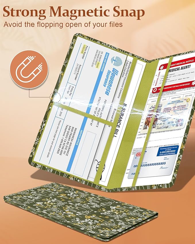 Slohif Car Registration and Insurance Card Holder - Vehicle Glove Box Organizer Women with Magnetic Shut Leather Automobile License Holders Coasters Auto Accessories Case for Document,Green