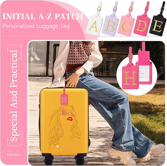 Personalized Initial Luggage Tags for Suitcase, Rose Red Leather Cute Luggage Tags with Privacy Cover Name Card, Embroidered Custom Monogram Luggage Tags Travel Backpack Tag Gifts for Women Kids(H)