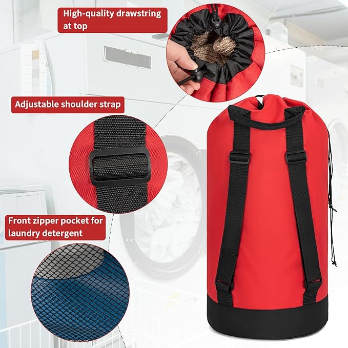 Laundry Bag Backpack with Shoulder Straps and Mesh Pocket Foldable Clothes Hamper Bag with Drawstring Closure for College, Apartment, Laundromat (Red)