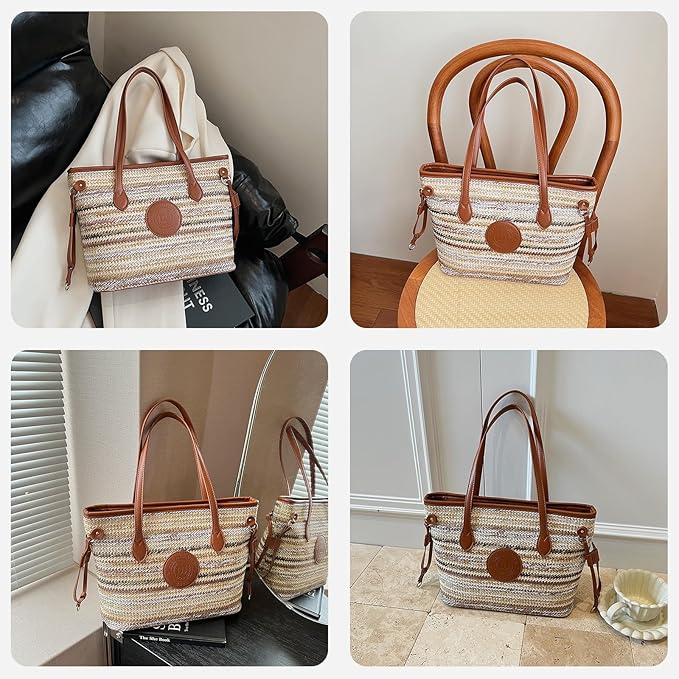 ZOCILOR Women's Straw Shoulder Tote Bag with PU Leather Trim, Large Woven Beach Handbag, Lightweight Casual Summer Purse