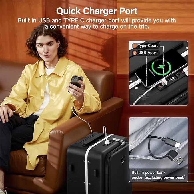 Hanke 20 Inch Carry On Luggage with Cup Holder and Charge,Top Opening Hard Shell Suitcases with Wheels and Dividers,Aluminum Frame Trunk Luggage Small Suitcase with Lock for Travel,Jet Black