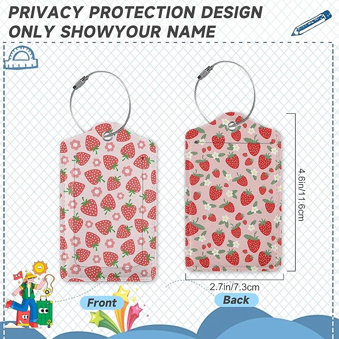 2 Pack Luggage Tag for Suitcase,Retro Strawberry Leather Suitcase Tags Identifiers with Privacy Name Address Labels and Durable Steel Loop for Women Men Travel