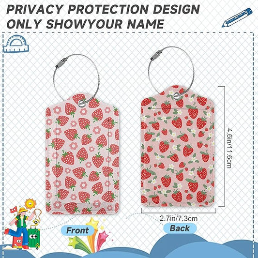 2 Pack Luggage Tag for Suitcase,Retro Strawberry Leather Suitcase Tags Identifiers with Privacy Name Address Labels and Durable Steel Loop for Women Men Travel