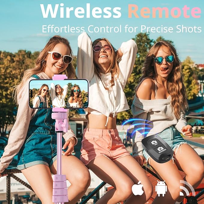 UBeesize 88’’ Flexible Phone Tripod with 14.95’’ Gooseneck, Remote and Phone Holder, Overhead Cell Phone Stand＆Selfie Stick for Video Recording, Compatible with iPhone Android Phone, Camera Pink