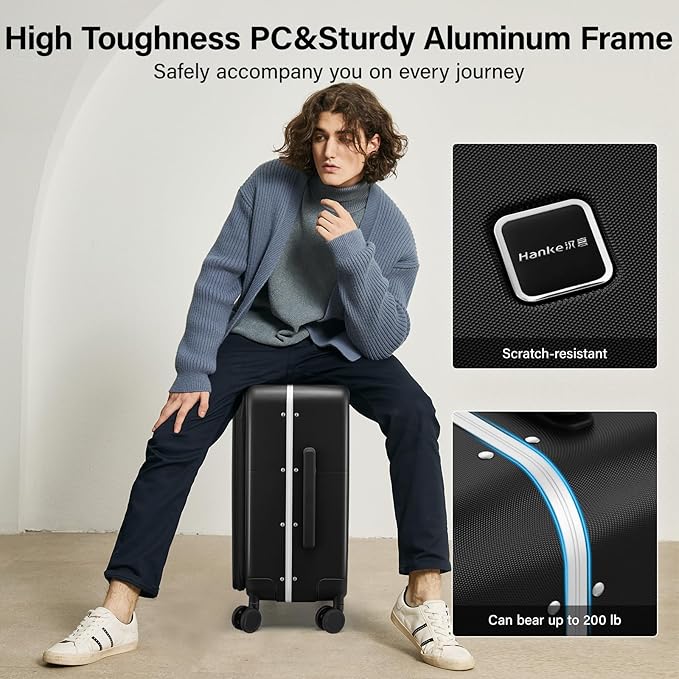 Hanke 28 Inch Luggage with Cup Holder and Charge,Top Opening Hard Shell Suitcases with Wheels and Dividers,Aluminum Frame Trunk Luggage Extra Large Suitcase with Lock for Travel，Jet Black