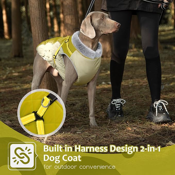 Abuandi Dog Winter Coat with Harness, Dog Jacket, Pet Clothes with Zipper on Back, Waterproof Windproof Warm Vest, Reflective Cold Weather Coats, for Small Medium Large Dogs, Thick, Green, 2XL