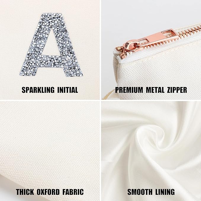 A-Z BAG 2pcs Personalised Makeup Bag Set, Canvas Cosmetic Bag with Rhinestone Initial, Birthday Gifts for Women (R, Beige)