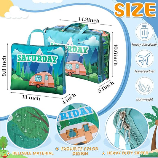 Paterr 7 Pcs Days of Week Packing Cubes Compression Packing Cubes for Kids Summer Camp Travel Daily Outfit Suitcase Organizers Zippered Storage Bag for Cruise Vacation Essentials (Camping)