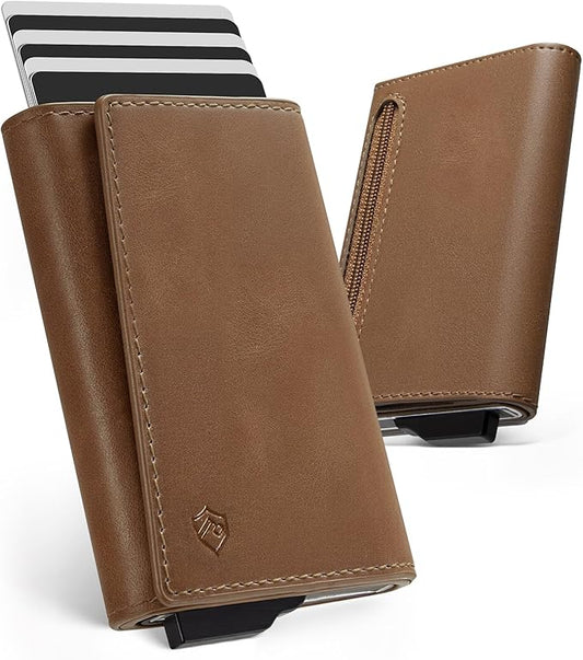 YESIIW Slim Wallet for Men - Premium Genuine Leather - Pop up Card Case Mens Wallet for 7-9 Card Capacity | ID Window | Cash Slot | Coin Pocket - RFID Blocking - Slim, Minimalist Thin (Brown)