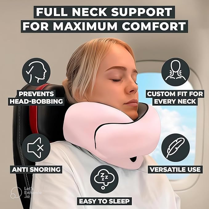 Neck Travel Pillow – Ergonomic Airplane Pillow for Neck Support & Comfort | Compact & Washable Cover | Perfect for Airplane, Car, Train & Home Use | Travel Pillow for Adults & Kids (Pink)