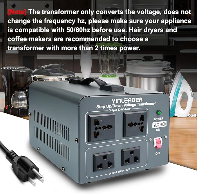 Yinleader Voltage Converter Transformer 3000w Step Up/Down Power Converter 110-120V to 220-240V/220-240V to 110-120V, with 2 US & 2 Universal Outlets, Circuit Breaker Protection (Grey)