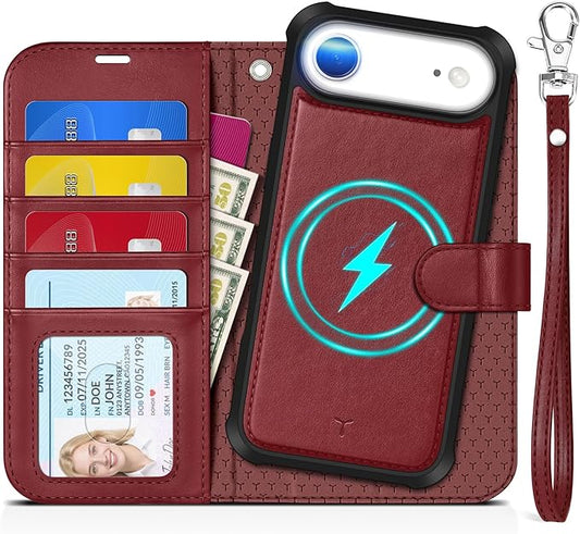 TUCCH Detachable Case Wallet for iPhone Air (6.5") 2025, Wrist Strap | 4 Card Holders RFID Blocking | Wireless Charging | Stand | 2-in-1 Magnetic | PU Leather | Shockproof Folio Cover | Dark Red