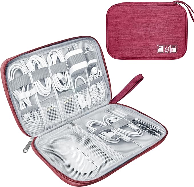 Electronics Travel Organizer,Portable Waterproof Electronic Travel Storage Bag for Small Charging Cord Storage,Charger,Small Electronics,SD Card etc,for Travel,Business -Wine Red