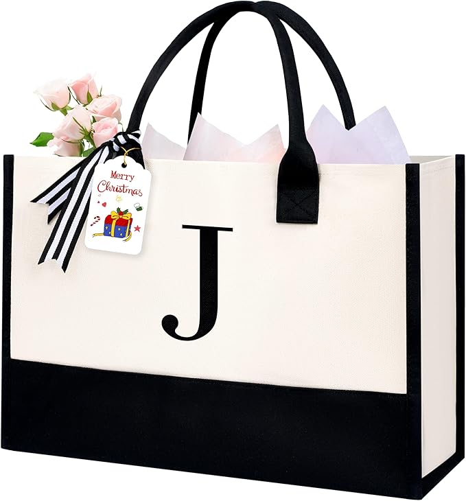 BAGAIL Initial Tote Bag, Personalized Birthday Gifts for Women, Teacher, Friends, Mom, Wedding, Monogrammed Beach Bag
