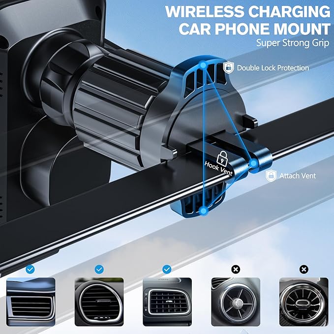 Car Phone Holder, MOYAC Wireless Auto-Clamping Car Mount with Metal Hook Clip, 360° Rotation, One Button Quick Release, Air Vent Cell Phone Car Mount for iPhone/Galaxy/Google/LG and All Smartphone,15W