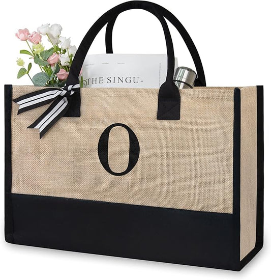 TOPDesign Personalized Initial Canvas Beach Bag, Monogrammed Gift Tote Bag for Women