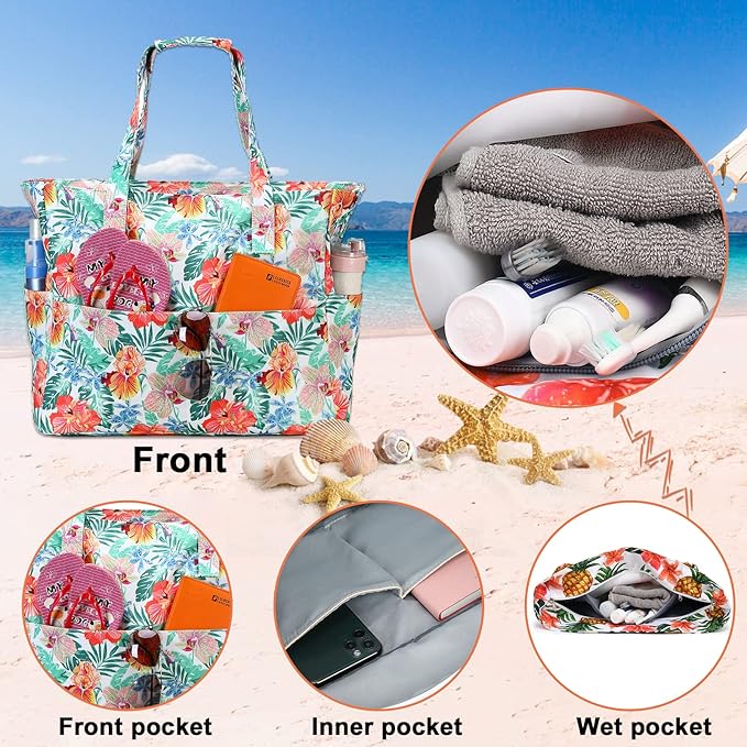 Bluboon Waterproof Beach Tote Pool Bags for Women Ladies Extra Large Carry On Bag With Wet Compartment for Weekender Travel