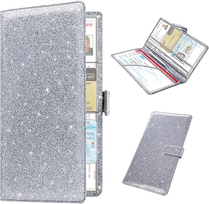 RSAquar Car Registration & Insurance Holder - Leather Glove Box Organizer, Cool Accessories for ID, Driver's License Cards & Essential Documents, Men & Women, Glitter Gray