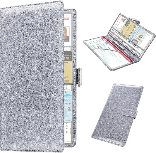 RSAquar Car Registration & Insurance Holder - Leather Glove Box Organizer, Cool Accessories for ID, Driver's License Cards & Essential Documents, Men & Women, Glitter Gray