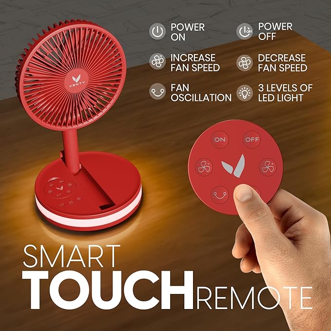 VENTY Portable Fan - Wireless Battery Operated Fan - 4 Speeds - LED Lighting - Carry Case & Remote Control - Cruise Travel - Outdoor Travel RV Power Bank With USB-C Port (Red with Case)