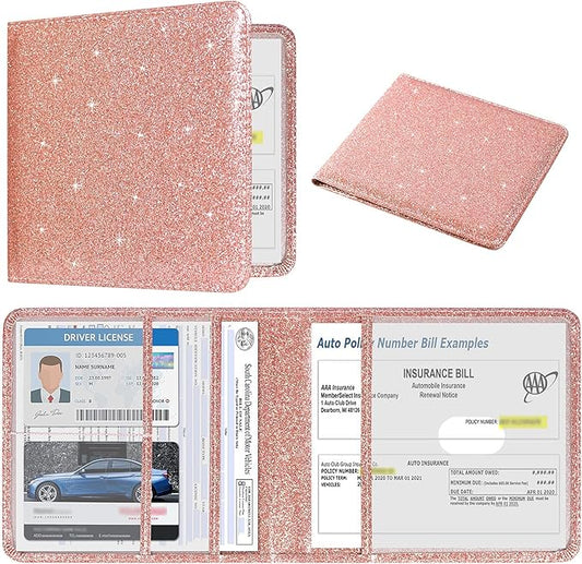 DMLuna Car Registration and Insurance Holder, Folio Leather Vehicle Card Document Glove Box Organizer, Auto Truck Compartment Accessories for Essential Information, Driver License Cards, Glitter Rose