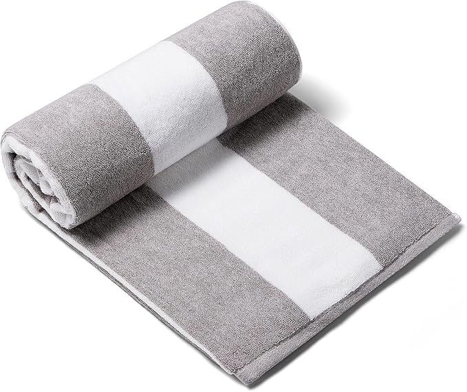 CLOWOOD Plush Oversized Beach Towel - Cotton 40 x 70 Inch Large Thick Charcoal Grey Striped Cabana Pool Swimming Towel