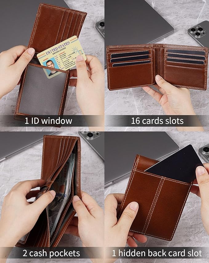 Swallowmall Mens Wallet Rfid Blocking Genuine Leather Bifold Wallets with 1 ID Window 15 Card Slots