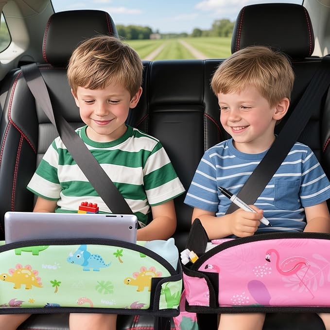 WENRENER Kids Travel Tray, 3PCS Car Seat Tray for kids Travel, Toddler Road Trip Essentials With Drawing Kit, Toddler Lap Desk Organizer for Car, Carseat Table for Airplane