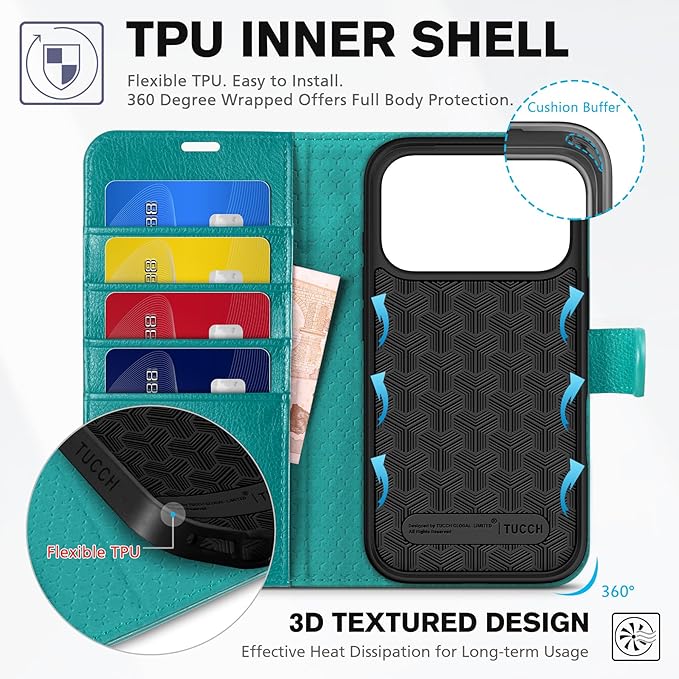 TUCCH Wallet Case for iPhone 17 Pro (6.3") 2025, 4 Card Slots | RFID Blocking | Stand | PU Leather | Magnetic Closure | Protective Flip Folio Cover | Shockproof TPU Shell | Cyan