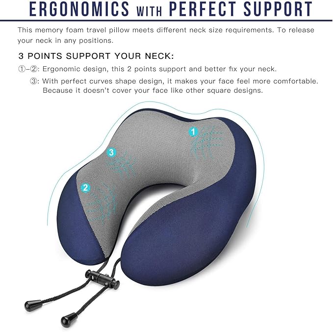 MLVOC Travel Pillow 100% Pure Memory Foam Neck Pillow, Comfortable & Breathable Cover, Machine Washable, Airplane Travel Kit with 3D Contoured Eye Masks, Earplugs, and Luxury Bag, Standard (Blue)