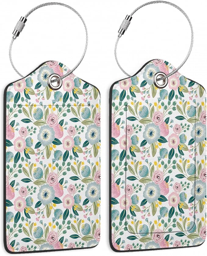 Set of 2 Luggage Tags for Suitcases, Leather Groovy Flower Baggage Tags with Stainless Steel Loop, Privacy Name ID Card Cover Kawaii Travel Labels for Women Men Kids Girls