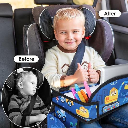 WENRENER Kids Travel Tray for Airplane - Toddler Car Seat Table Tray, Road Trip Essentials for Boys & Girls, Carseat Lap Desk for Kids Road Trip Activities (Dark Blue Car)