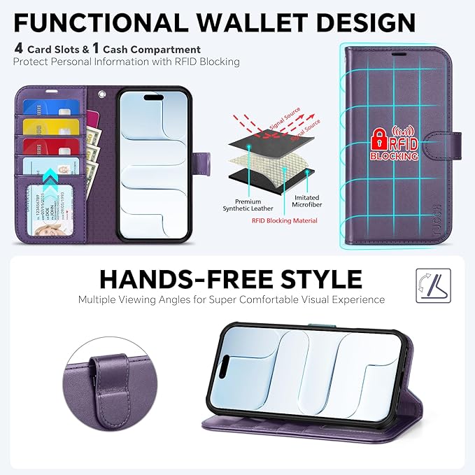 TUCCH 2-in-1 Removable Wallet Case for iPhone Air (6.5-inch) 2025, Wireless Charging | RFID Blocking 4 Card Holders | Wrist Strap | Kickstand | Magnetic | PU Leather Protective Cover | Deep Purple