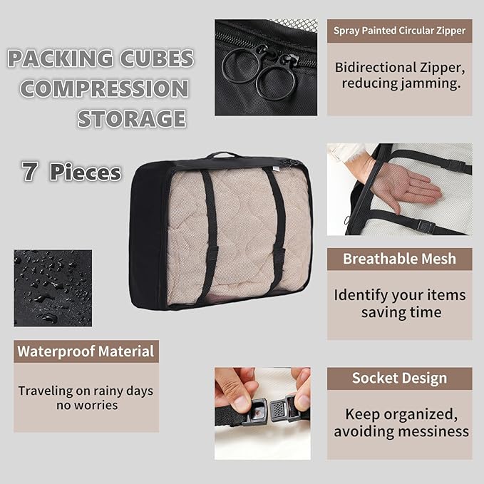 Packing Cubes Storage Bags 7 Pieces-Luggage Organizers Classify Store Clothing Efficiently for Travel Outdoor Home (Black, 7 Pieces)