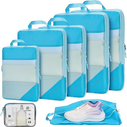 Lightweight Compression Packing Cubes for Suitcases, Compressible Expandable Travel Packing Organizer with Clear Toiletries and Backpack Bag, Travel Essentials for Carry on Luggage 7 Set