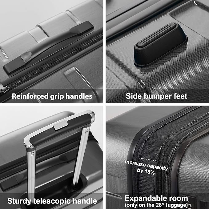 Coolife Luggage PC+ABS Expandable Hardshell Suitcase with TSA Lock, Spinner Checked Lightweight (Charcoal, 28in)