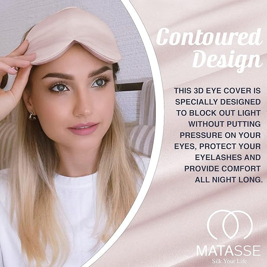 MATASSE Silk Eye Mask for Sleeping with Adjustable Elastic Band - 3D Contoured, Eye Cover Sleep Mask w/Genuine Mulberry Silk Including The Strap for Women, Men (Pink)