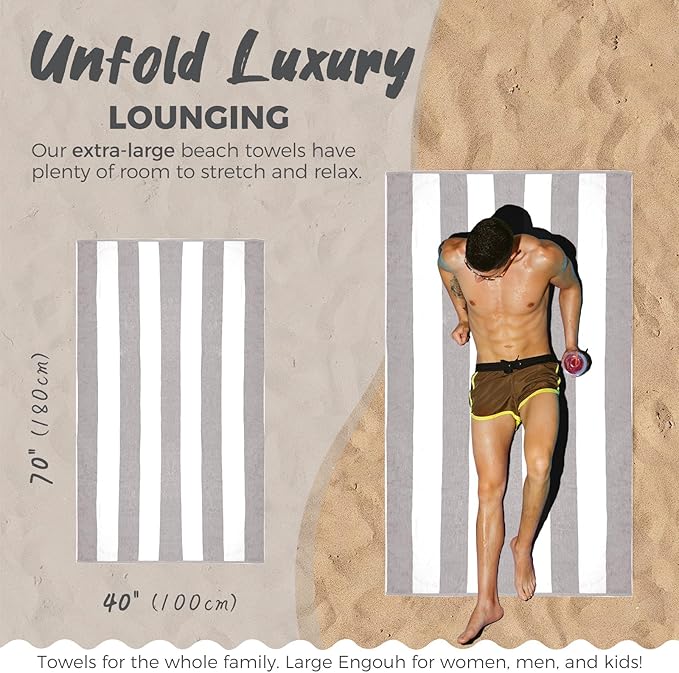 Cotton Oversized Beach Towel - 40 x70 Inch Extra Large Striped Pool Towel, Big Soft Terry Cloth Grey Cabana Swim Towel