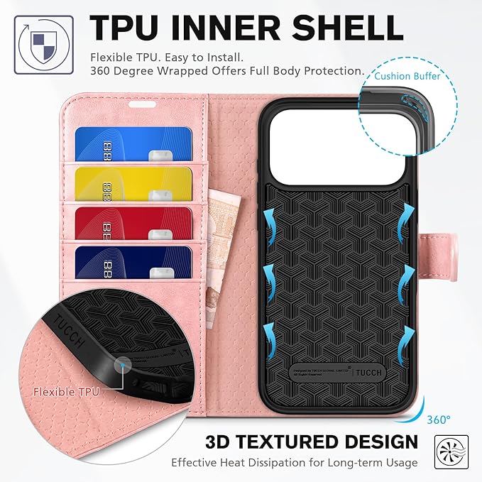 TUCCH Case Wallet for iPhone 17 Pro Max (6.9") 2025, Stand | RFID Blocking | 4 Card Holders | PU Leather | Magnetic Closure Folio Protective Cover | TPU Shockproof Inner Shell | Rose Gold