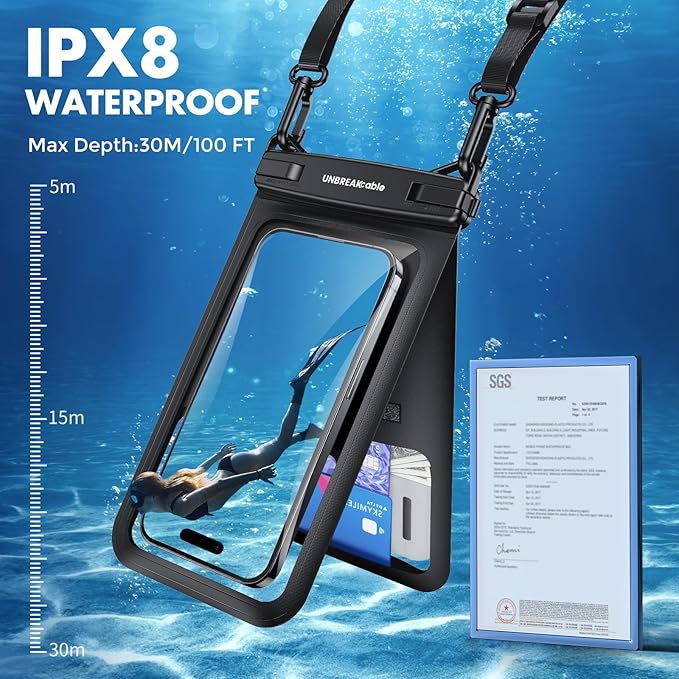 UNBREAKcable IPX8 Waterproof Phone Pouch 2-Pack, Double Space Waterproof Phone Case for iPhone 15 16 17 Pro Max up to 7", Cellphone Dry Bag with Lanyard for Beach Kayak Cruise Travel Essentials