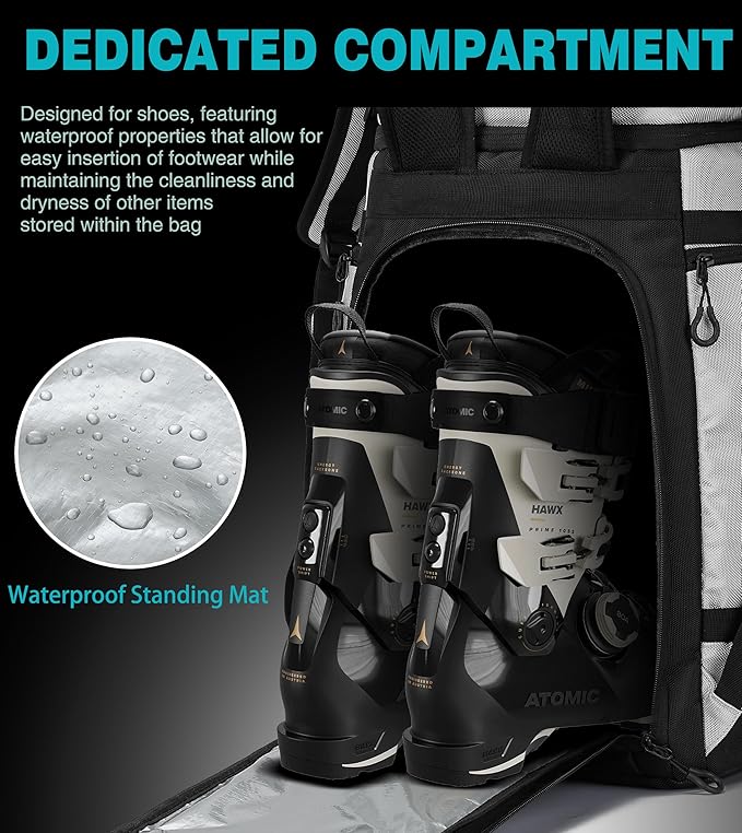New Ski/Snowboard Boot Bag/Skating Bag | Excellent for Store and Transport Gear, Helmet, Goggles & Accessories | Travel with Waterproof Exterior, Reflective Strip for Men, Women (Silver)