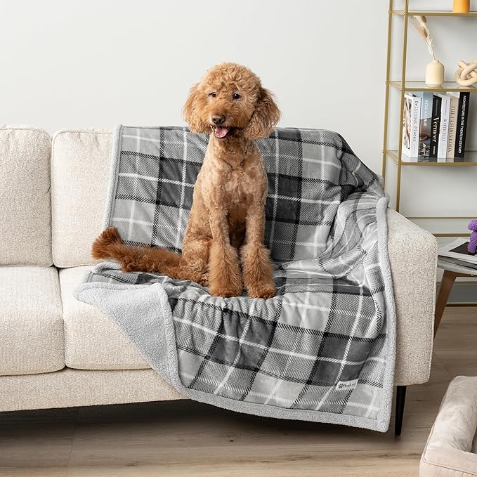 PetAmi Waterproof Dog Blanket for Medium Large Dog Puppy Cat Throw for Couch Cover Leakproof Protection, Sherpa Fleece, Reversible Soft Washable 60x40 Plaid Light Gray