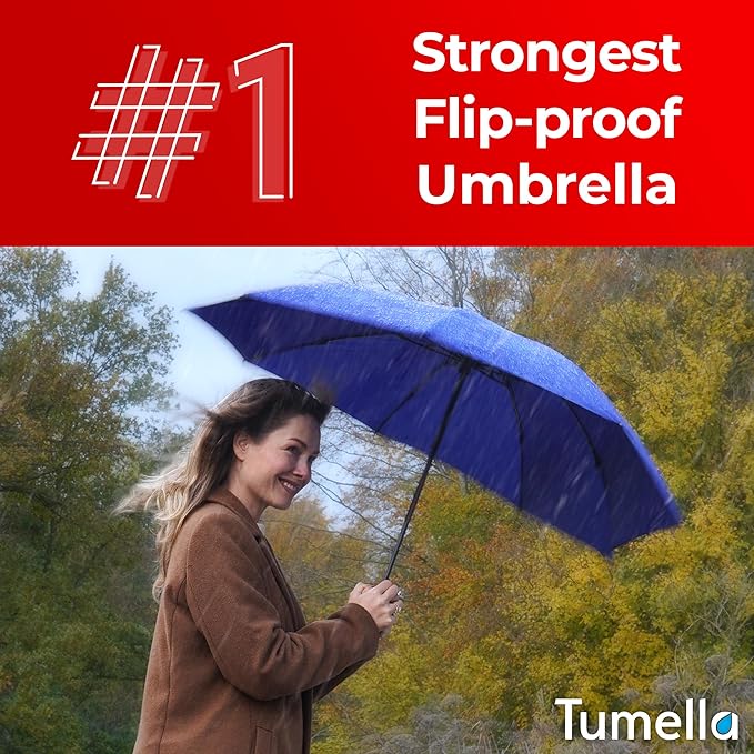 TUMELLA Flip-proof Inverted Travel Umbrella, Small Strong but Light Portable and Automatic Reverse Folding Rain Umbrella, Durable Premium Grip, Fits Car & Backpack