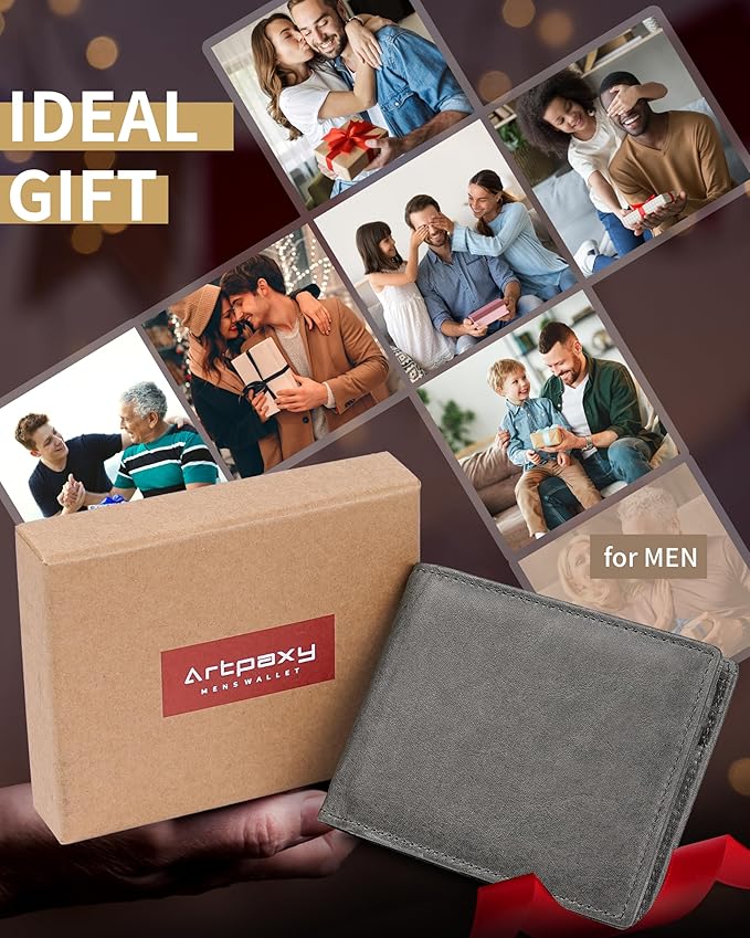 Artpaxy Mens Wallet Bifold Genuine Leather RFID Blocking Wallet for Men with 2 ID Windows 12 Card Holders 2 cash pockets 1 Gift Box