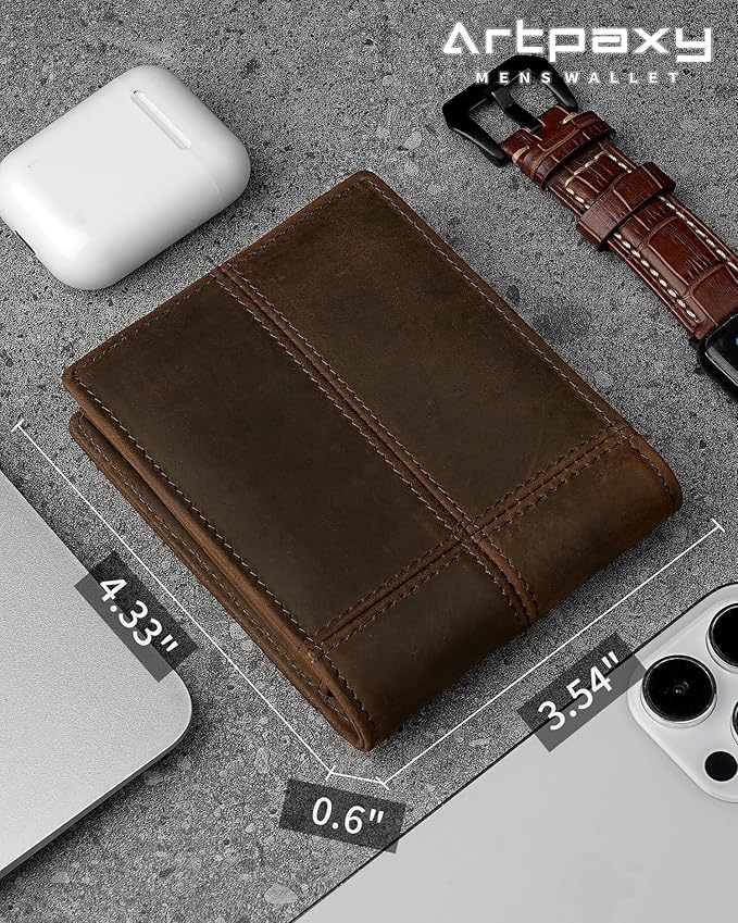 Artpaxy Mens Wallet Bifold Genuine Leather RFID Blocking Wallet for Men with 2 ID Windows 12 Card Holders 2 cash pockets 1 Gift Box